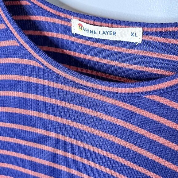 Marine Layer Women's Lexi Rib Crew Tee Top Blue and Orange Stripe- Size XL - Picture 3 of 5